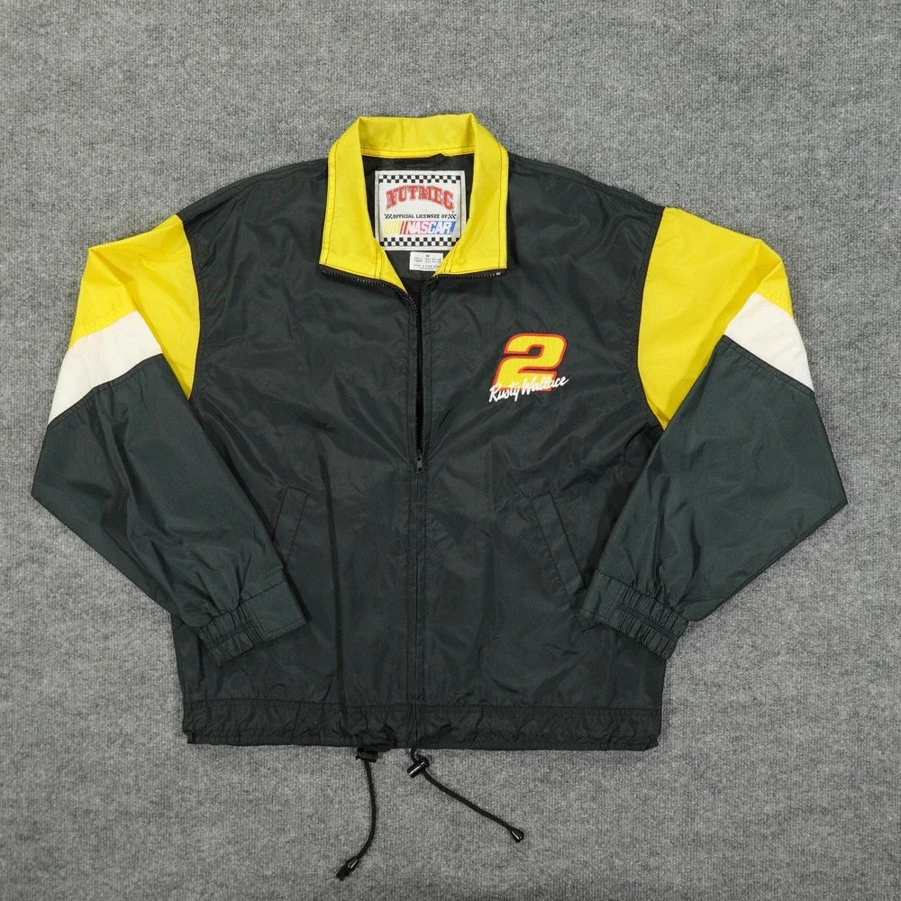 Vintage Rusty Wallace Jacket Mens Medium Black NASCAR Racing Nutmeg Windbreaker